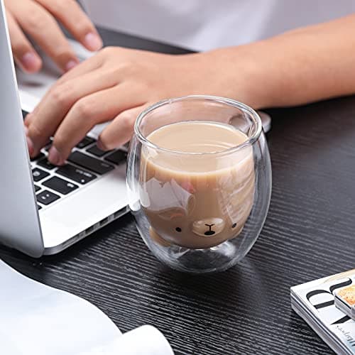 SHENDONG Ensemble de 2 Tasses Ours Mignon Ours Mignon de Tasses Thé Café Tasse Tasse à Lait Tasses à Expresso en Verre isolé à Double paroi en Verre Cadeau pour Anniversaire Personnel Saint Valentin