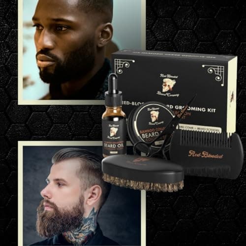 Red-Blooded kit barbe homme avec huile à barbe, baume à barbe, brosse à barbe, peigne à barbe et ciseaux à barbe. Cologne parfumée à base d'huile de jojoba et d'huile de macadamia kit soin barbe homme
