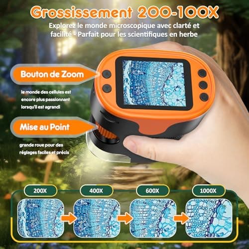 1000X Microscope Numérique Portable pour Enfants - Écran 4K 2,0", Electronique, Rechargeable, avec Kit de Lames - Mini Scope de Poche Cadeaux Éducatifs pour 4-12 Ans