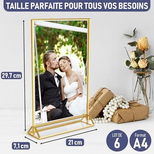 Dasher Products Cadres Photos Dorés Double Face - Pack de 6 - Porte-numéros de table dorés en acrylique, chevalets de table transparents pour affiche, porte-menus, cadres photos (A4)