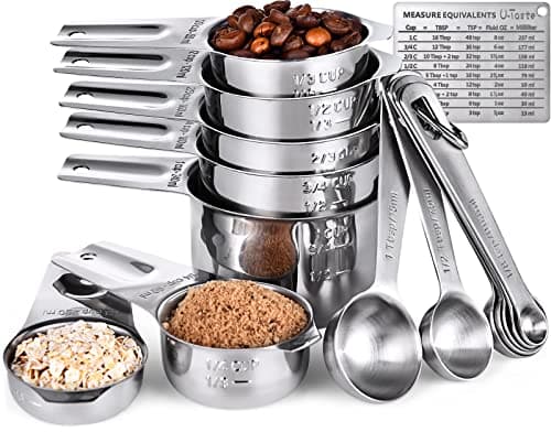 Tasses et Cuillères à Mesurer: U-Taste Ensemble de 15 Cuillères Cups Doseuses en Acier Inoxydable 18/8, 7 Tasses & 7 Cuillères & 1 Tableau de Conversion de Mesure Magnétique (Argent)