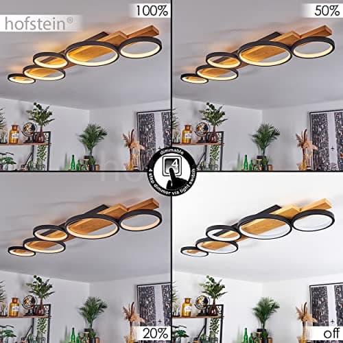 Plafonnier LED Rodekro, plafonnier à intensité variable en métal/bois en noir/nature/blanc, luminaire à intensité variable avec poutre en bois, LED 44 watts, 3000 K, 5100 lumens
