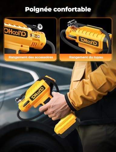 YOHOOLYO Compresseur à Air Portatif Compresseur Voiture 150PSI Gonfleur Pneus Voiture Arrête Automatique avec Ecran LCD Lumière LED Type-C Câble 4 Buses pour Voiture Moto Vélo Balle