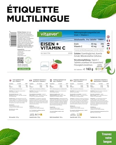 Fer - 365 comprimés avec 40 mg de fer pur + vitamine C naturelle - Matière première de qualité supérieure : bisglycinate de fer (chélate de fer) - Hautement dosé - Végétalien