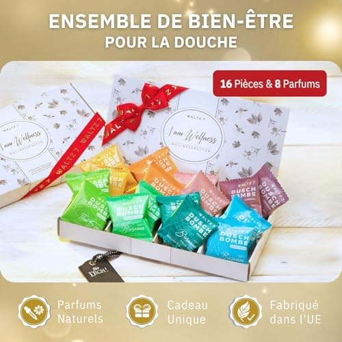 WALTZ 7 Set Bombes de Douche, 16 Sachet, 8 Senteurs, Aromatherapie, Calmant, Revigorant et Relaxant, Idee Cadeau Homme, Femme, Maman, Papa, Grand Mere, Coffret Beaute