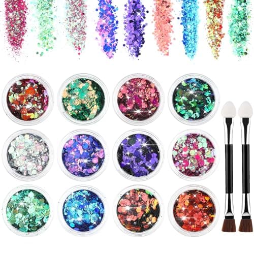 Giantree Festival Paillettes Visage avec 2 Pinceaux à Double Tête en Coton 12 Couleurs Paillettes Déguisement Festif Paillettes Ongles Cheveux Lèvres Corps Christmas Maquillage Glitter (Couleur 1)