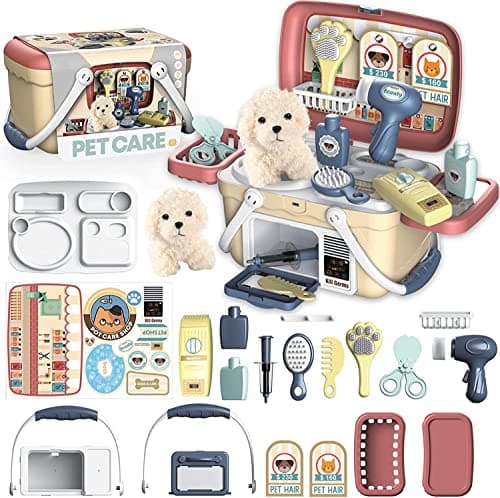 STAY GENT Jouet Veterinaire Enfant, 23 Pièces Malette Docteur avec Chien en Peluche & Transporte pour Nourrir et Soigner, Kit Veterinaire Jeu de Rôle Cadeau pour Jouet Garçons Filles 2 3 4 5 6 7 Ans