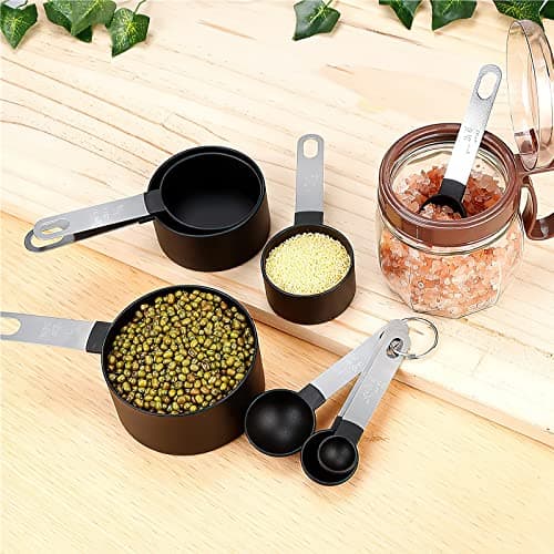 Measuring Cups, HENGBIRD Ensembles de cuillères doseuses, Lot de 8 Ensemble cuillère à mesurer et Tasse à mesurer avec poignées en acier inoxydable pour liquides et solides (Noir)