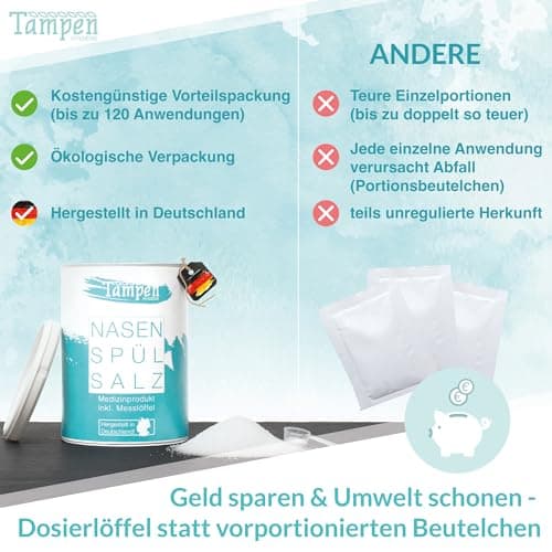 Tampen Douche nasale avec 120x Sel de rinçage nasal (300g) et 1 cuillère à mesurer · Lavage nez pour Adultes et Enfants premium