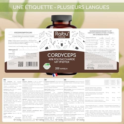 Cordyceps Sinensis CS-4-21000mg de Cordyceps par dose quotidienne (Extrait 10:1) - 40% de Polysaccharides Bioactifs - 200 Capsules: Haute Dose, Végan & sans additifs - Produit par Raibu