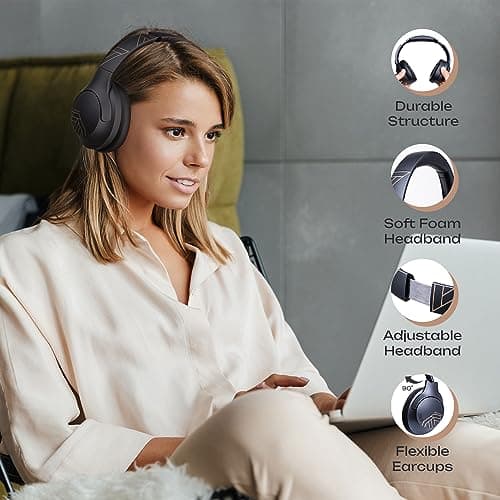 PowerLocus Casque Bluetooth sans Fil, 50 h de Jeu, Casque Audio Bluetooth 5.3 avec 4 Modes EQ, Pliable, HiFi Stereo, avec Microphone pour iPhone/Voyage/PC (Noir)