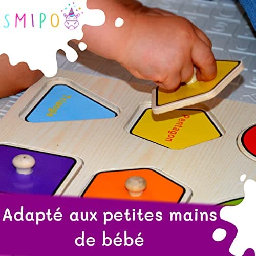 Puzzle en Bois Montessori Forme géométrique, Apprentissage encastrement Formes et Couleurs, motricité Fine, Jouet Bebe Enfant garçon Fille 12 Mois,1,2,3,4 Ans, Jeux educatif, Mot en français, Cadeau