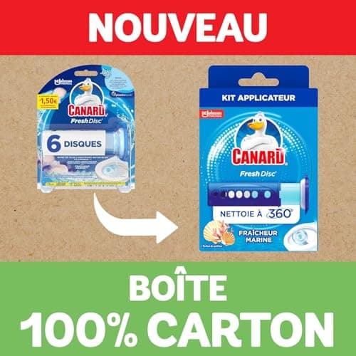 Canard WC Fresh Disc Fraîcheur Marine - Bloc WC Sans Cage Nettoyant - Nettoie à 360° - Nouvel Emballage 100% Carton - 1 Applicateur + 1 Recharge