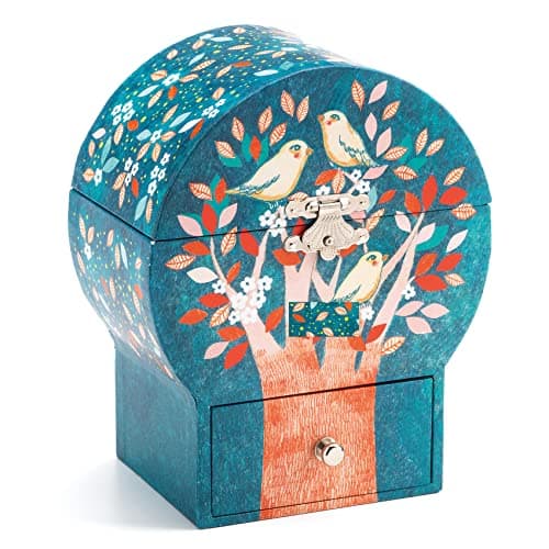 DJECO Boîte à Musique et Bijoux en Bois dès 4 ans - Rangement Bijoux avec Intérieur en Velours et 1 Tiroir - Cadeau Décoratif Unique - Figurine, Mélodie, Miroir et Illustrations - Arbre Poétique