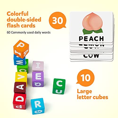 Coogam Blocs de Couleur Jeux d'orthographe, Lettres Assorties en Bois Jouet avec Mots Cartes Flash, Alphabet ABC Apprentissage éducatif Montessori Puzzle Cadeau