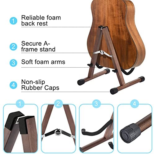 Support Guitare, Support Guitare Electrique en bois avec Caoutchouc Antidérapant et bras en Mousse Souple, Support Guitare Acoustique Portable et Pliable, Facile à Assembler
