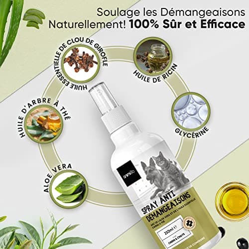 Animigo Spray Anti Démangeaisons & Irritations Chien et Chat 250ml - Formule 100% Naturelle - Soulage Les Zones Irritées & Diminue Les Grattements - Produit Calmant Compatible avec Les Léchages