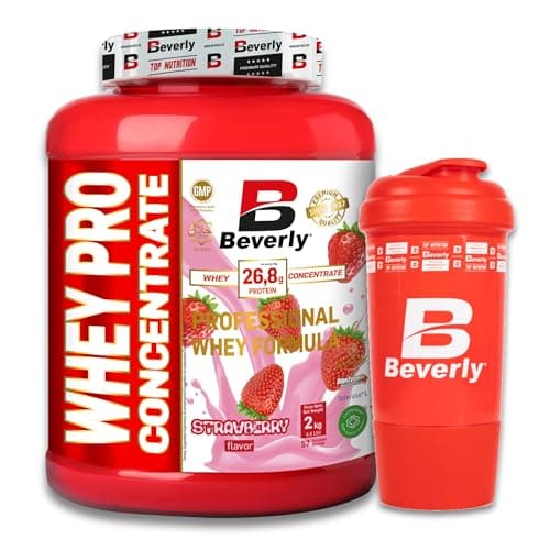 Beverly WHEY PRO CONCENTRATE | Concentré de protéines | 2 Kg | 8 Saveurs | Lacprodan® | Professional Whey | Mélangeur gratuit (2 KG, FRAISE)