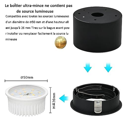 Gleonlux LED Spot en saillie, Spots de Plafond Orientable 30°, Ultra-plats Plafonnier Ø80x50mm, Luminaire plafonnier aluminium Noir mat, Apparent Downlight Lampe Pour modules LED,ampoule non incluse