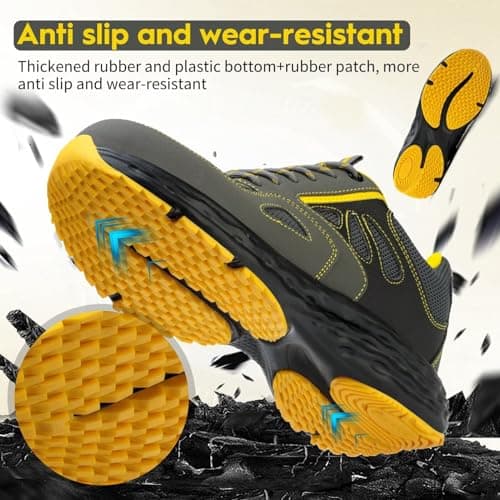 ISOOUS Chaussures de Sécurité Hommes Chaussures de Travail Femmes Légère Embout Plastique Basket Securite Antidérapante Cuisine Gris Jaune EU 45