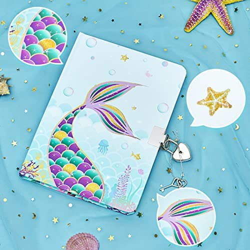WERNNSAI Ensemble de Carnet de à Paillettes- Journal de Sirène Cadeau pour Filles Enfants Bleu Voyage Journal a5 Cahier Écriture Bloc de note stylo à bille, autocollantsavec serrure et clés