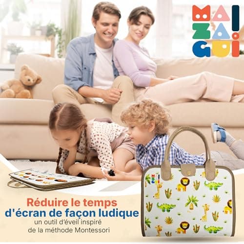 MAZAGUI Busy Board Montessori, Planche Montessori d'activités éducatives sur Les Animaux de la Jungle, Apprentissage de l'alphabet, des Chiffres, des Couleurs et Plus, 9 Pages