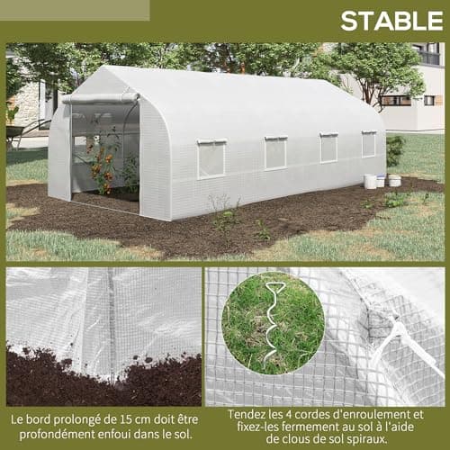 Outsunny Serre de Jardin Tunnel 600 x 300 x 200 cm Porte + 8 fenêtres enroulables métal galvanisé bâche PE Haute densité 140 g/m2 idéale pour Toutes Saisons Blanc