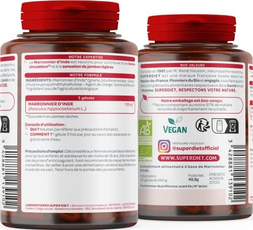 SUPERDIET - MARRONNIER D'INDE BIO - Circulation - Phytothérapie - Fabrication française - 120 gélules