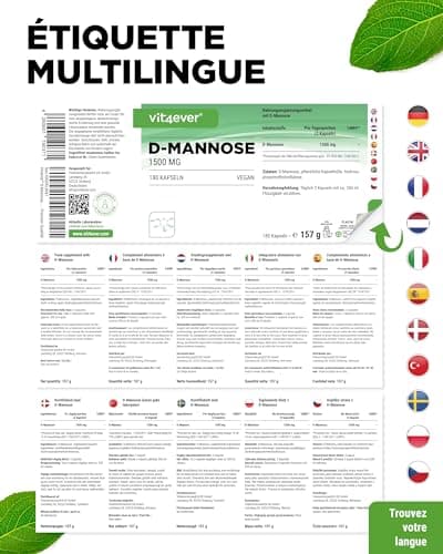 D-Mannose - 180 gélules - 1500 mg par portion journalière - Premium : Issu de la fermentation de légumes - Hautement dosé - Naturel - Végétalien