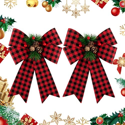 COLOFALLA 2PCS Noeuds de Noël 30x22.8cm Grande Taille Nœuds Papillons avec Pomme de Pin pour Sapin de Noël Décoration de Noël Emballage Cadeau Guirlande Voiture Mariage