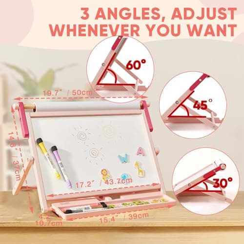 FUNLIO Chevalet de Table Magnétique Anti-Déformation pour Enfants 3 Ans+ (100+ Pièces), Double Face en Bois avec 3 Angles Réglables, Tableau Blanc, Tableau Noir & Rouleau de Papier, Pliable - Rose