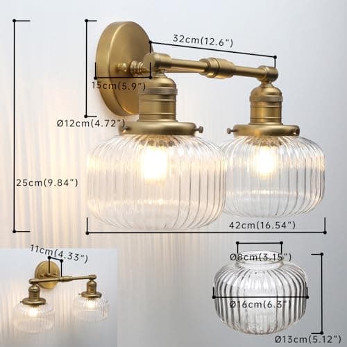Pathson Industriel 2-Lumières Applique Murale E27 Luminaires Intérieur Abat-jour en Verre Côtelé Ø16CM Lampe Murale pour Salon,Cuisine, Salle de bain,Miroir (Antique)