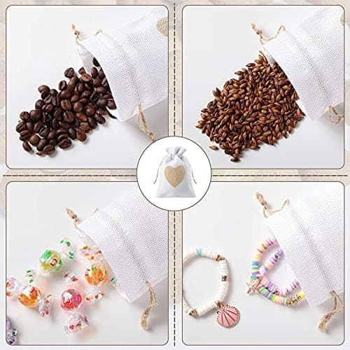 VEGCOO 24Pcs Motif de Coeur Sachets en Toile de Jute Pochettes 10 * 14CM, pour Dragees Mariage pour Bonbons Adeaux Cadeau Baptême Anniversaire Noël Petit (Blanche)