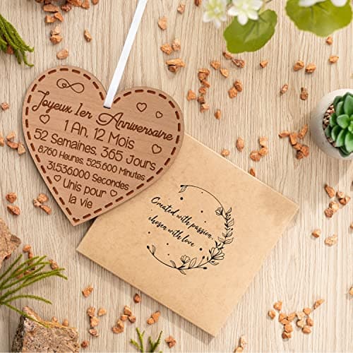 Cadeau Anniversaire De Mariage 1 An - Idée Cadeau Souvenir Anniversaire De Mariage Pour Femme En Bois - Cadeau Cœur Gravé Souvenir 1 An De Mariage Homme Et Femme