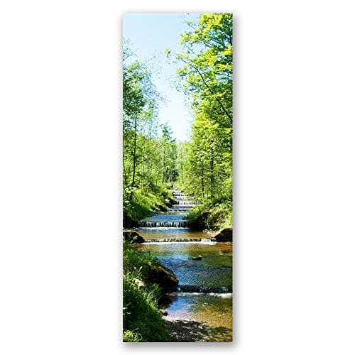 Feeby Impression sur Toile Intissé Ruisseau De La Cascade 30x90 cm Image Moderne Tableau Déco Mural Salle De Séjour Arbres De La Forêt vert