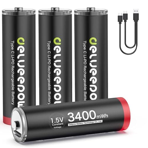 Delyeepow Pile Rechargeable AA 1,5V Lithium 3400mWh de Haute capacité,Pile AA Rechargeable USB C 4 Piles 1500 Cycle