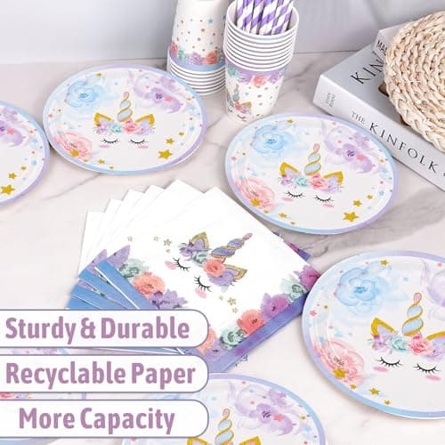 KQMGJYB Anniversaire Licorne Decoration Fille,5 Ans Licorne Vaisselle Anniversaire,Gobelets Serviettes Couverts Nappe Ballon Licorne pour 5 Ans Decoration Anniversaire 16 Invités