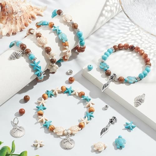 SUNNYCLUE 1 boîte 6 ensembles de Kit de Fabrication de Bracelets Océaniques, Perles de Tortue de Mer, Breloques en Forme D'Étoile de Mer, Perles en Bois, Perles D'Océan D'Été, Perles D'Animaux Marins,