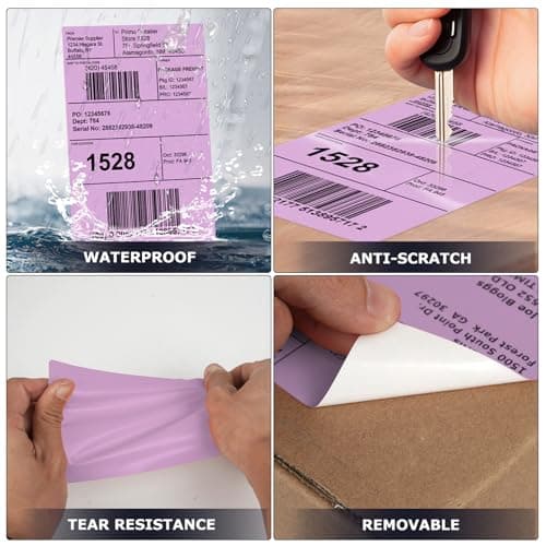 YIKIADA Lot de 500 étiquettes d'expédition violettes en vinyle autocollantes thermiques imperméables perforées pour DHL UPS Amazon
