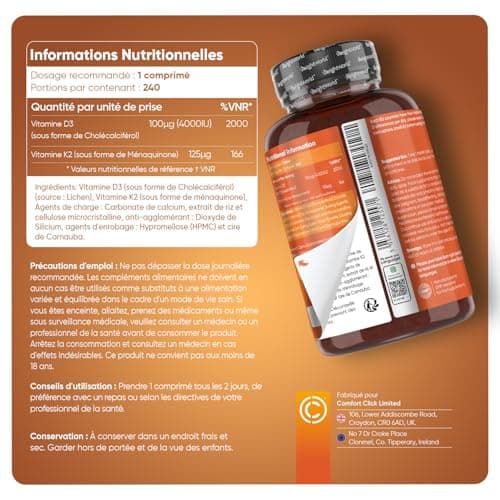 Vitamine D3 K2 MK-7 98% ALL-TRANS Vegan - 240 Micro Comprimés - 1 Comprimé / 2 Jours - Pour Os, Muscles & Système Immunitaire, Vitamine D3 4000 iu + Vitamine K2 MK7, Cholécalciférol + Ménaquinone
