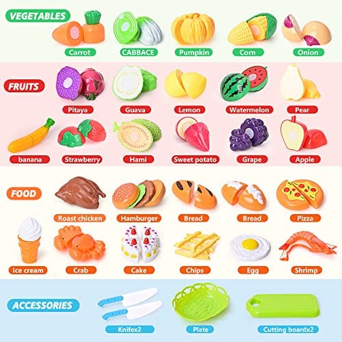 Fegalop 32 Pièces Jouets en Plastique Fruits et Légumes à Découper, Dinette Enfant Accessoire Cuisine Jouet, Chef Jeu de rôle avec,Cadeau Parfait pour Noël et fête d'anniversaire 3 Ans (Bleu)