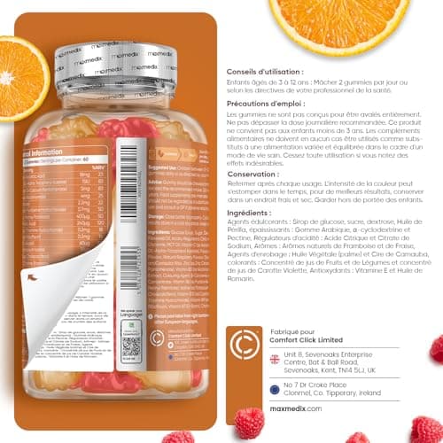 Multivitamines & Minéraux avec Oméga 3 6 9-120 Gummies Enfants Origine Naturelle (+ 3 Ans) - 17 Nutriments: Vitamine C, D, B12, B6, A & Zinc - Immunité, Croissance, Os - Goût Framboise & Orange