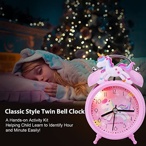TCJJ RéVeil Licorne pour Filles, RéVeil sans Tic-Tac pour Enfants Filles, RéVeil Silencieux Rose De Chevet, Horloge Classique à Double Cloche avec RéTroéClairage, Convient pour Les Cadeaux Scolaires
