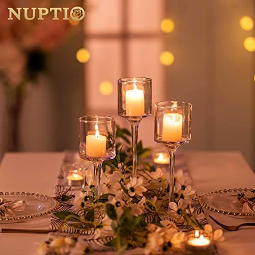 NUPTIO 1 Ensemble Bougeoirs Verre pour Bougie Pilier et Bougies Flottantes, Bougeoir Photophore en Verre Bougeoirs Table Clairs pour Pièce Maîtresse Fête Mariage Noël Halloween Décor À la Maison