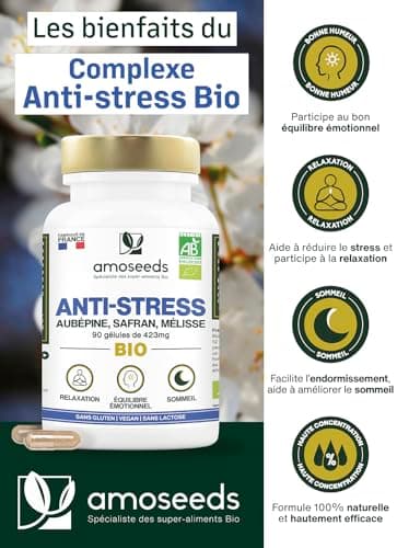 Anti-stress BIO | Aubépine, Safran, Mélisse | Équilibre Émotionnel, Relaxation, Réduit la Tension Nerveuse | 90 gélules de 423mg | Fabriqué en France | Qualité Supérieure