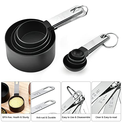 Measuring Cups, HENGBIRD Ensembles de cuillères doseuses, Lot de 8 Ensemble cuillère à mesurer et Tasse à mesurer avec poignées en acier inoxydable pour liquides et solides (Noir)