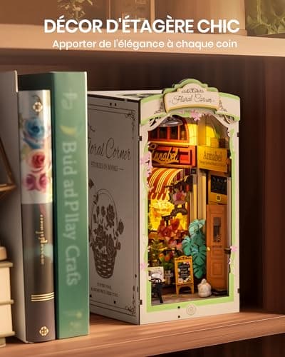 ROBOTIME Book Nook Coin Floral avec Lumières LED, Booknook Maison Miniature a Construire, Nook Book Kit Bibliothèque, Cadeaux pour Adultes et Enfants
