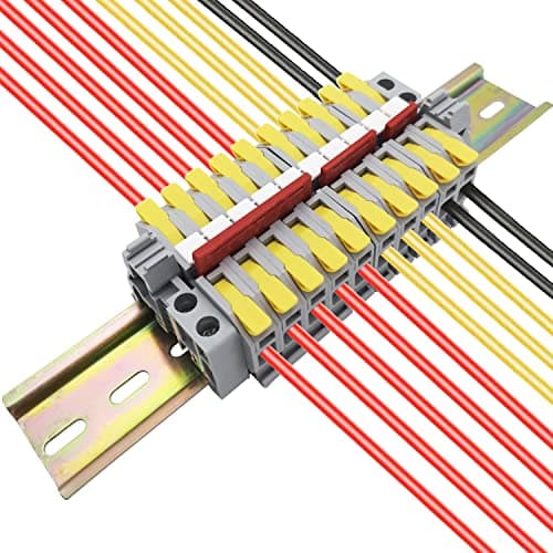 Bornier de Rail DIN, CTRICALVER Kit de Bornier, 10 pcs 1 en 1 sorties 2 Ports Connecteurs de Fil (jaune), Avec Bande de Repérage, Bande de Connexion et Module Fixe
