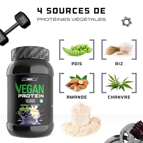 Poudre de protéine végétalienne - Protéine végétale de pois, riz, amande et chanvre - Sans soja - Délicieuse & crémeuse - (750 g, Vanille Cassis)