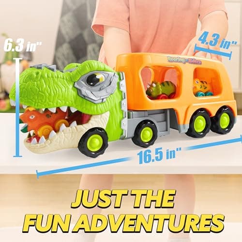 JOYIN Mini Camion de Transport de Dinosaures avec 6 véhicules Jouets en Caoutchouc Souple, avec Musique et Son Puissant, lumières Clignotantes, Cadeaux pour garçons et Filles à partir de 2 Ans(orange)